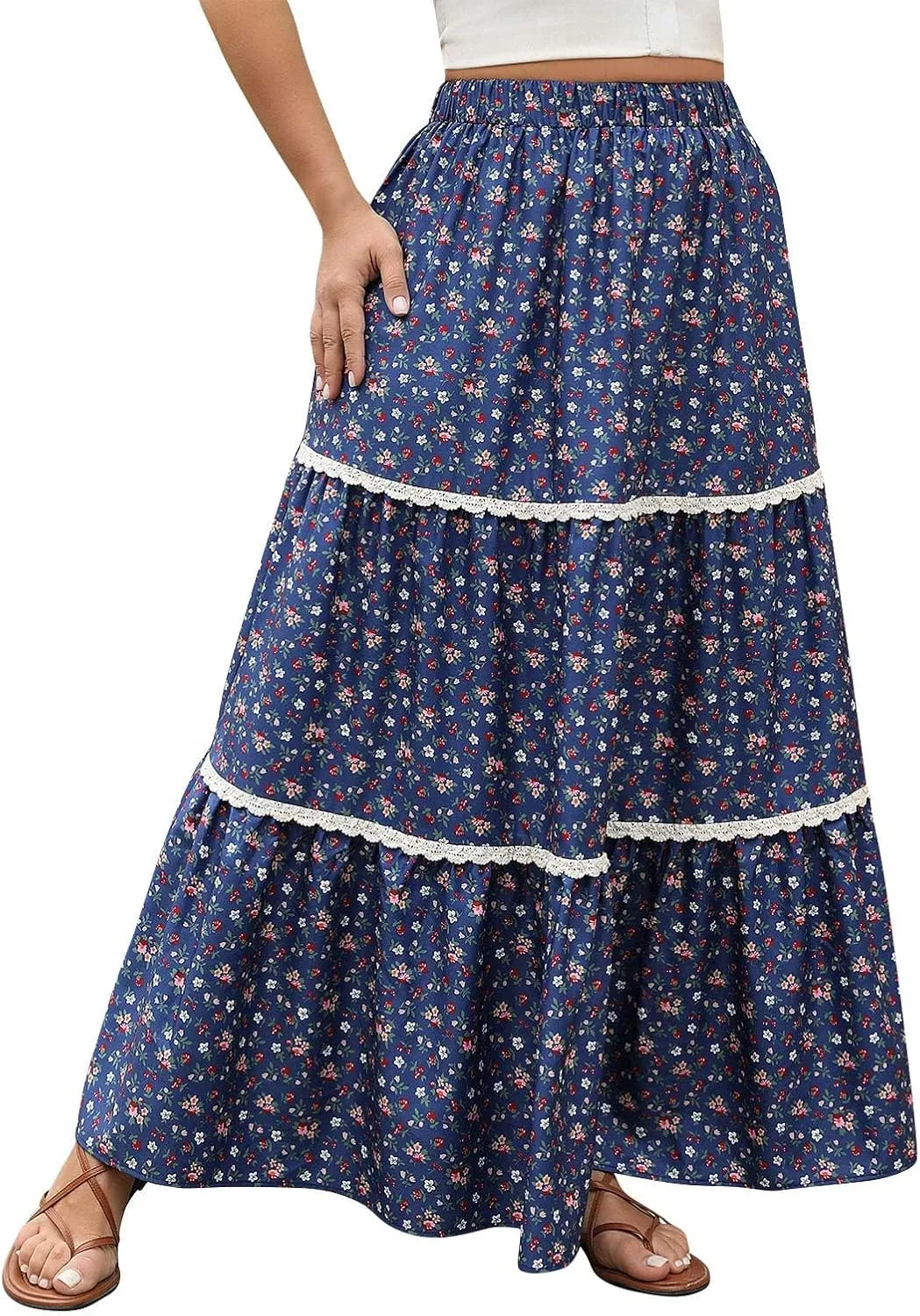 Women's Summer Boho Floral Maxi Skirts Casual Flowy Tiered A-Line High Elastic Waist Long Skirt