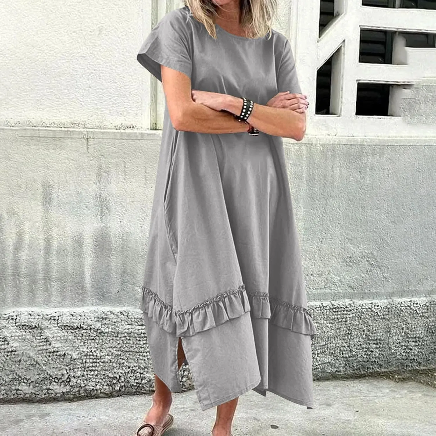 Women's Summer Casual Loose Short Sleeve Long T Shirt Dress Split Maxi Beach Sundress Travel Vacation Dresses Outfits