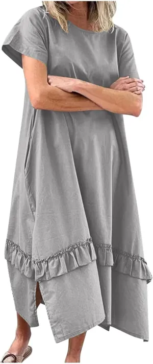 Women's Summer Casual Loose Short Sleeve Long T Shirt Dress Split Maxi Beach Sundress Travel Vacation Dresses Outfits