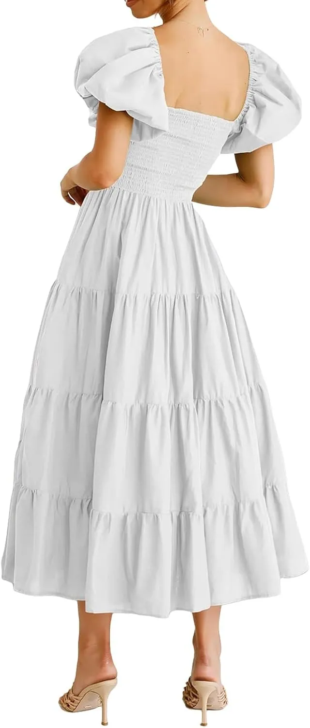 Womens Summer Casual Midi Dress Square Neck Puff Short Sleeve A Line Dress Flowy Smocked Tiered Ruffle Dresses