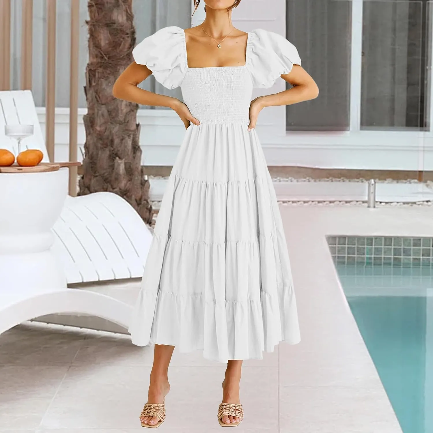 Womens Summer Casual Midi Dress Square Neck Puff Short Sleeve A Line Dress Flowy Smocked Tiered Ruffle Dresses