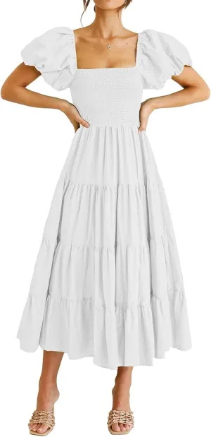 Womens Summer Casual Midi Dress Square Neck Puff Short Sleeve A Line Dress Flowy Smocked Tiered Ruffle Dresses
