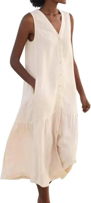 Women's Summer Cotton Linen Long Dress Sleeveless V Neck Button Down Tank Dresses Plus Size Loose Flowy Dress Pockets