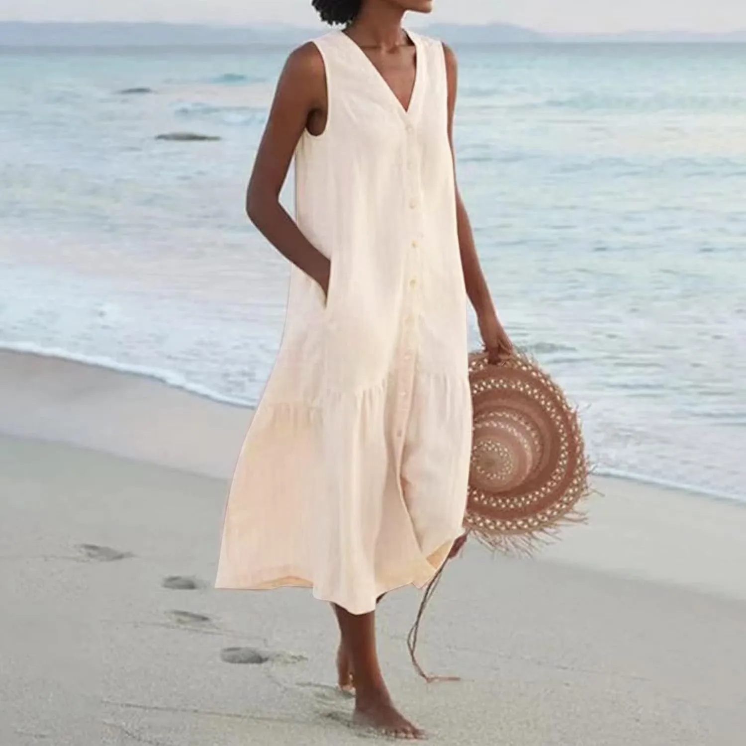 Women's Summer Cotton Linen Long Dress Sleeveless V Neck Button Down Tank Dresses Plus Size Loose Flowy Dress Pockets