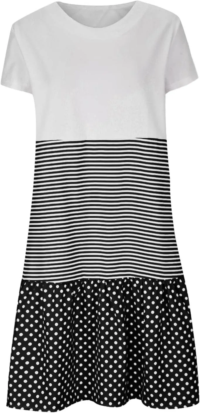 Womens Summer Dress 2025 Casual Short Sleeve Crew Neck Mini Dresses Lightweight Plus Size Peplum Boho Beach Dress