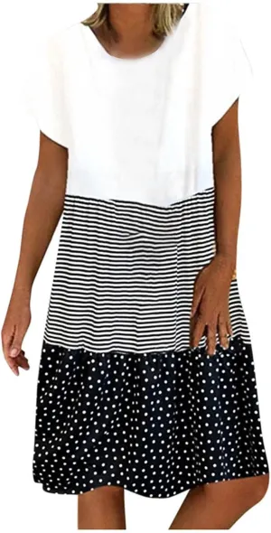 Womens Summer Dress 2025 Casual Short Sleeve Crew Neck Mini Dresses Lightweight Plus Size Peplum Boho Beach Dress