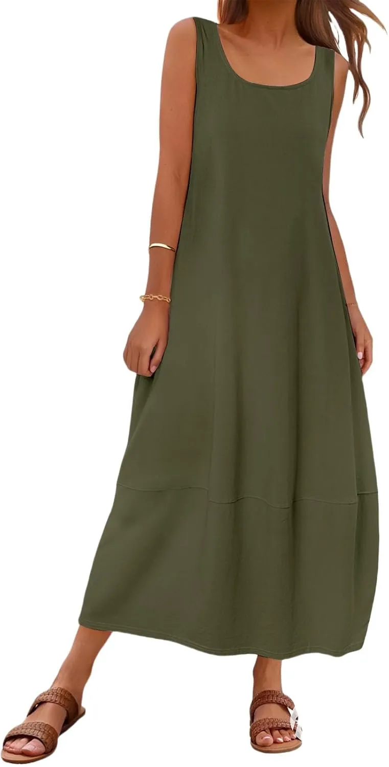 Womens Summer Dress Square Neck Pleated Swing Casual Maxi Dresses Sexy Sleeveless Long Dress Beach Party Dresses 2025
