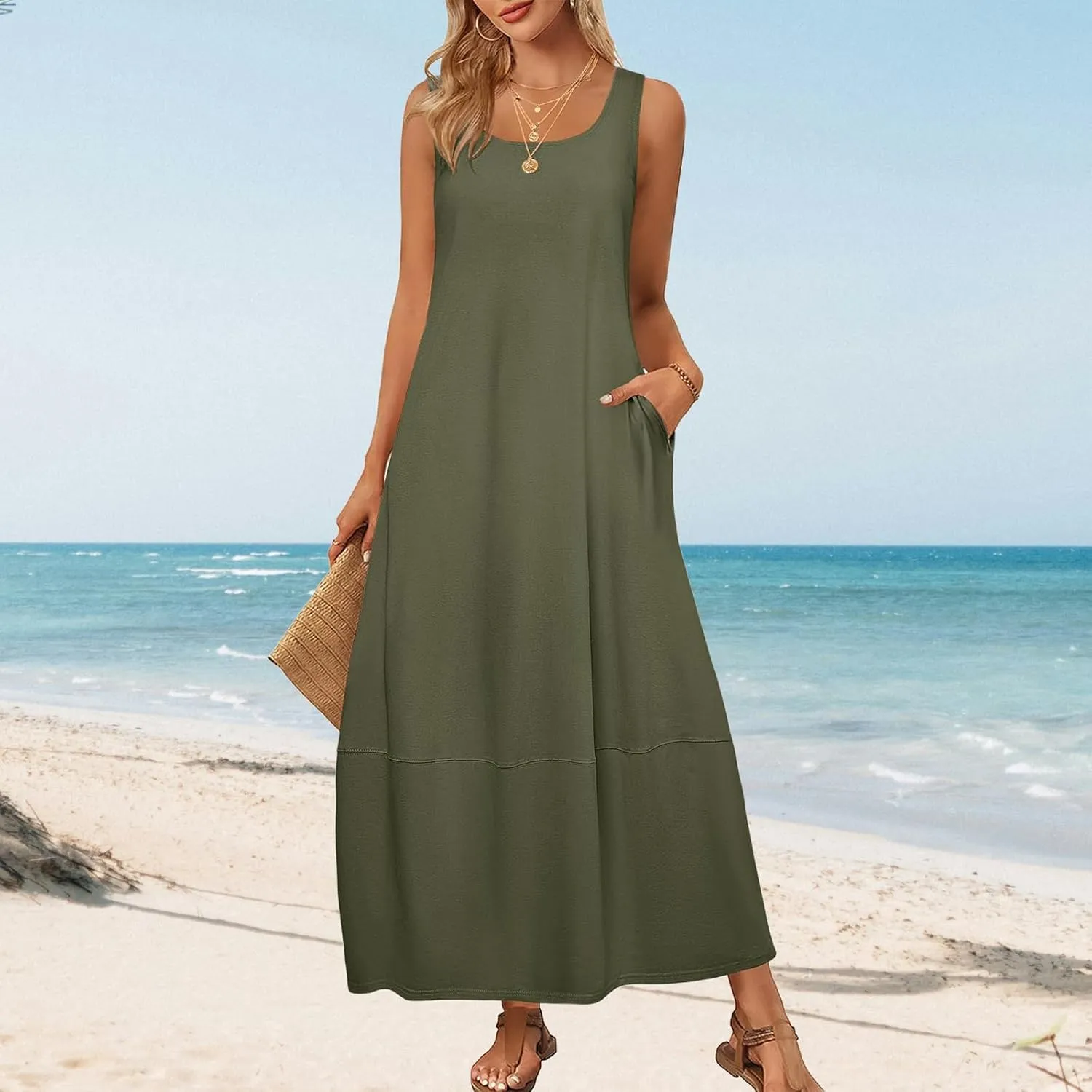 Womens Summer Dress Square Neck Pleated Swing Casual Maxi Dresses Sexy Sleeveless Long Dress Beach Party Dresses 2025