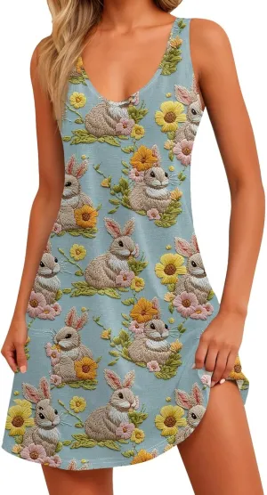 Women's Summer Dresses Casual V Neck Swimsuit Coverup Printed Sleeveless Sundress Beach 2025 Dress with Pocket
