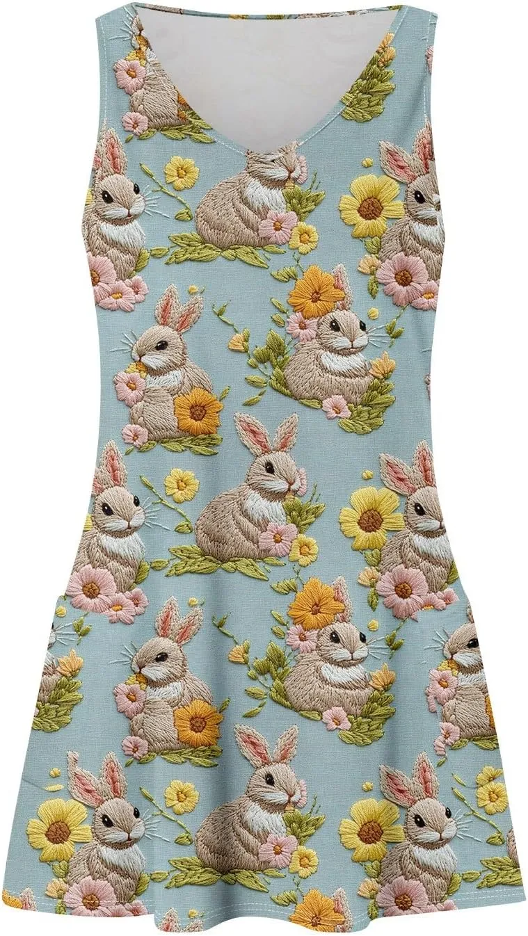 Women's Summer Dresses Casual V Neck Swimsuit Coverup Printed Sleeveless Sundress Beach 2025 Dress with Pocket