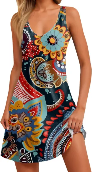 Womens Summer Dresses Printed Sleeveless Dress with Pocket Vacation Casual Swimsuit Coverup 2025 Beach Sundress