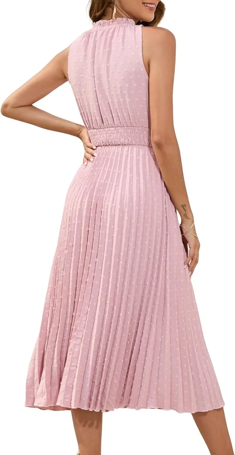 Womens Summer Midi Dresses Casual Swiss Dot Sleeveless Ruffle A Line Dress Dressy Flowy Swing Travel Beach Sundress
