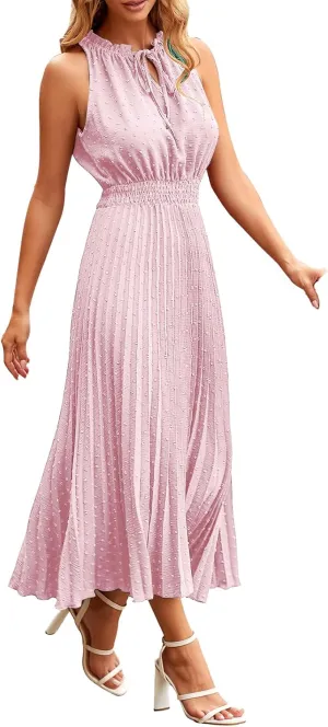 Womens Summer Midi Dresses Casual Swiss Dot Sleeveless Ruffle A Line Dress Dressy Flowy Swing Travel Beach Sundress