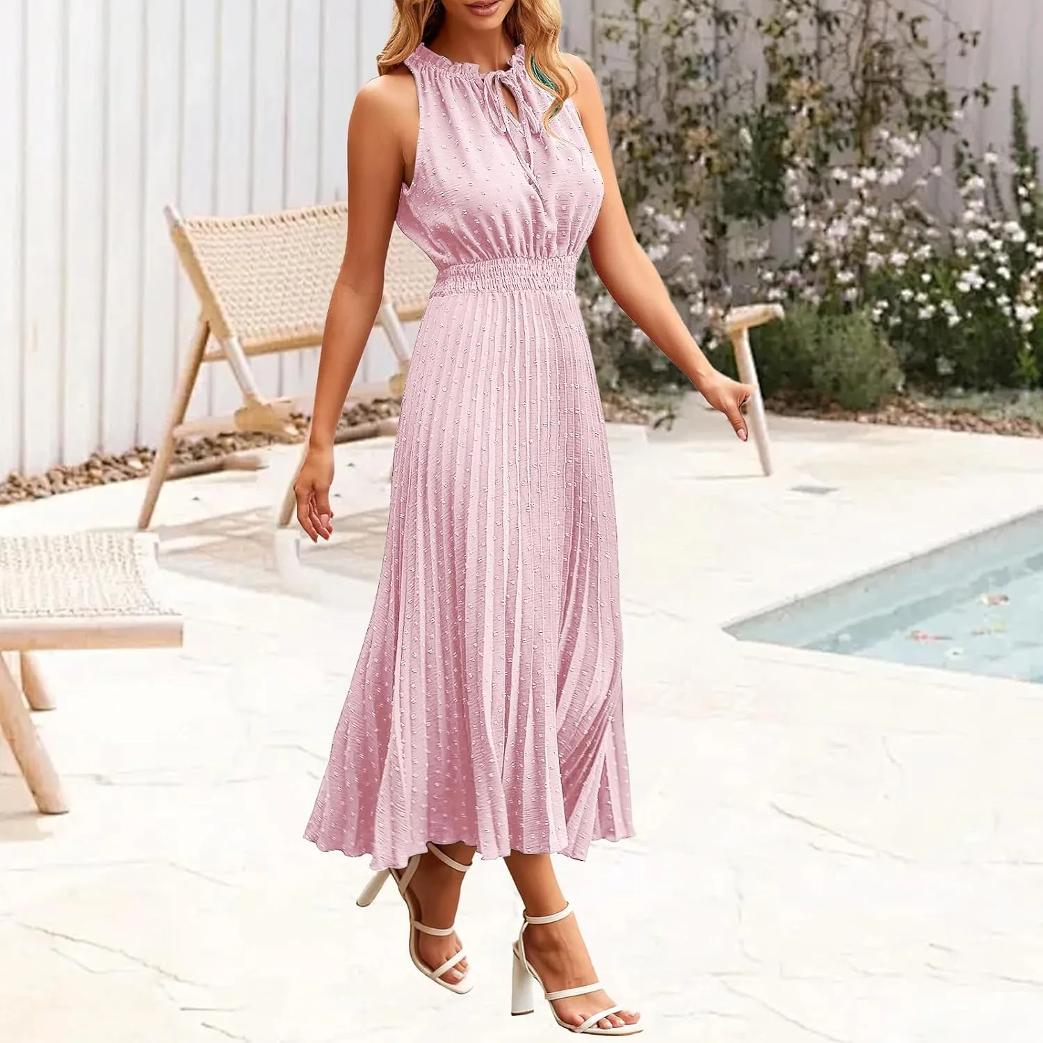 Womens Summer Midi Dresses Casual Swiss Dot Sleeveless Ruffle A Line Dress Dressy Flowy Swing Travel Beach Sundress