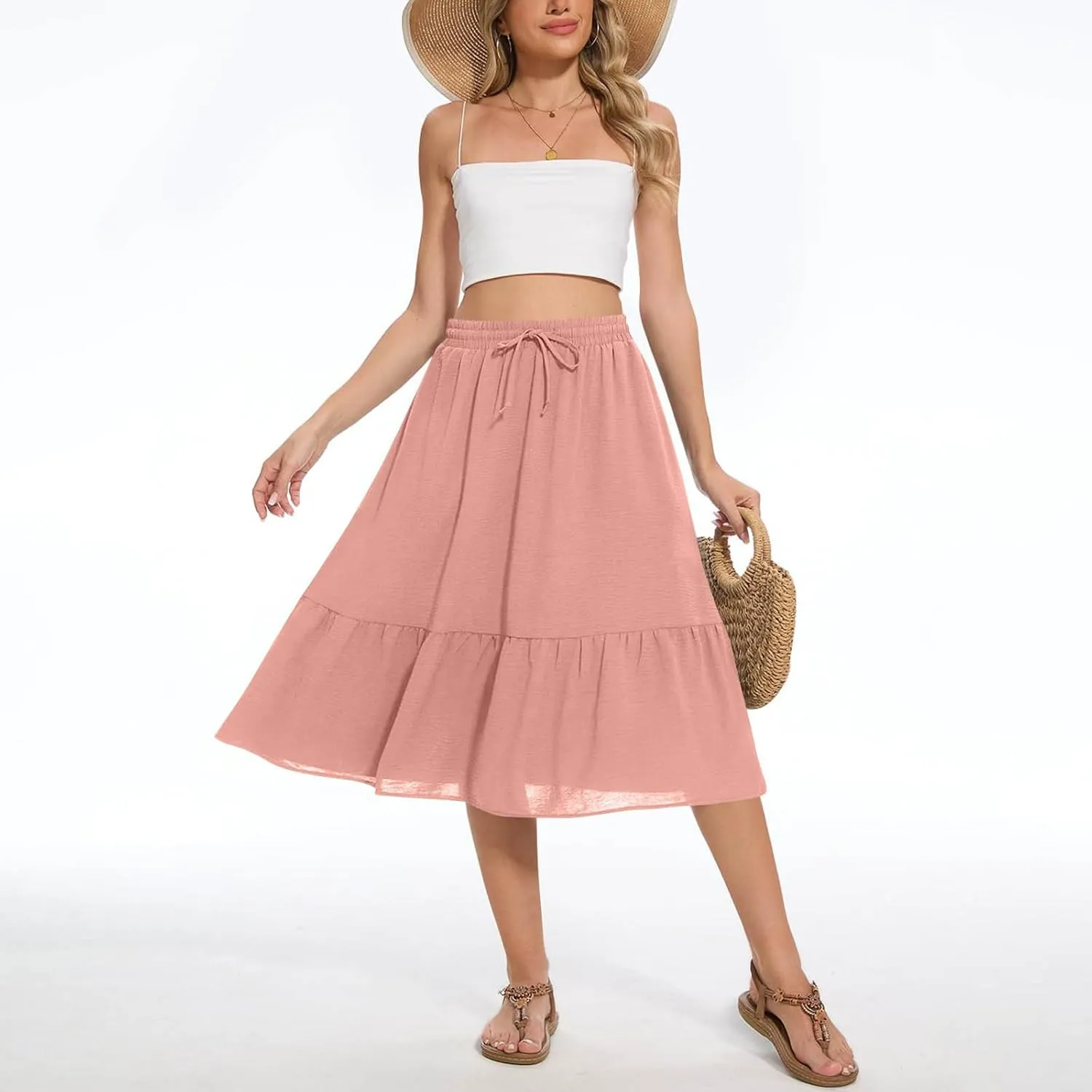 Women's Summer Skirt Fashion Tiered Flowy Skirts with Pockets Casual Solid Drawstring Waist Ruffle Hem Short Skirt