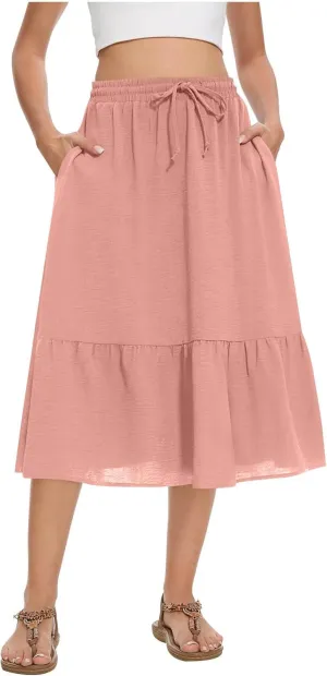 Women's Summer Skirt Fashion Tiered Flowy Skirts with Pockets Casual Solid Drawstring Waist Ruffle Hem Short Skirt