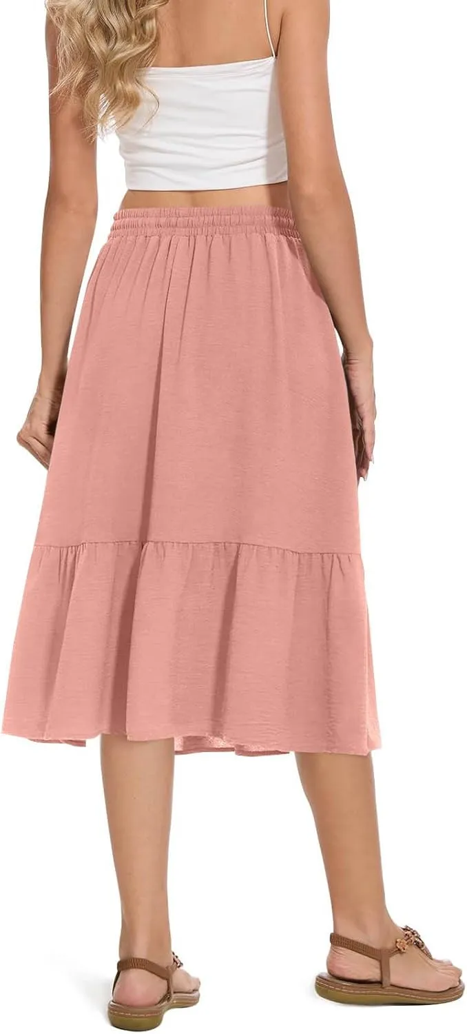 Women's Summer Skirt Fashion Tiered Flowy Skirts with Pockets Casual Solid Drawstring Waist Ruffle Hem Short Skirt