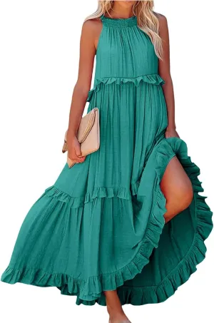 Womens Summer Sleeveless Dress Halter Tie Back Loose Flowy Ruffle Tiered Maxi Dress Beach Swing Long Dresses Sundress