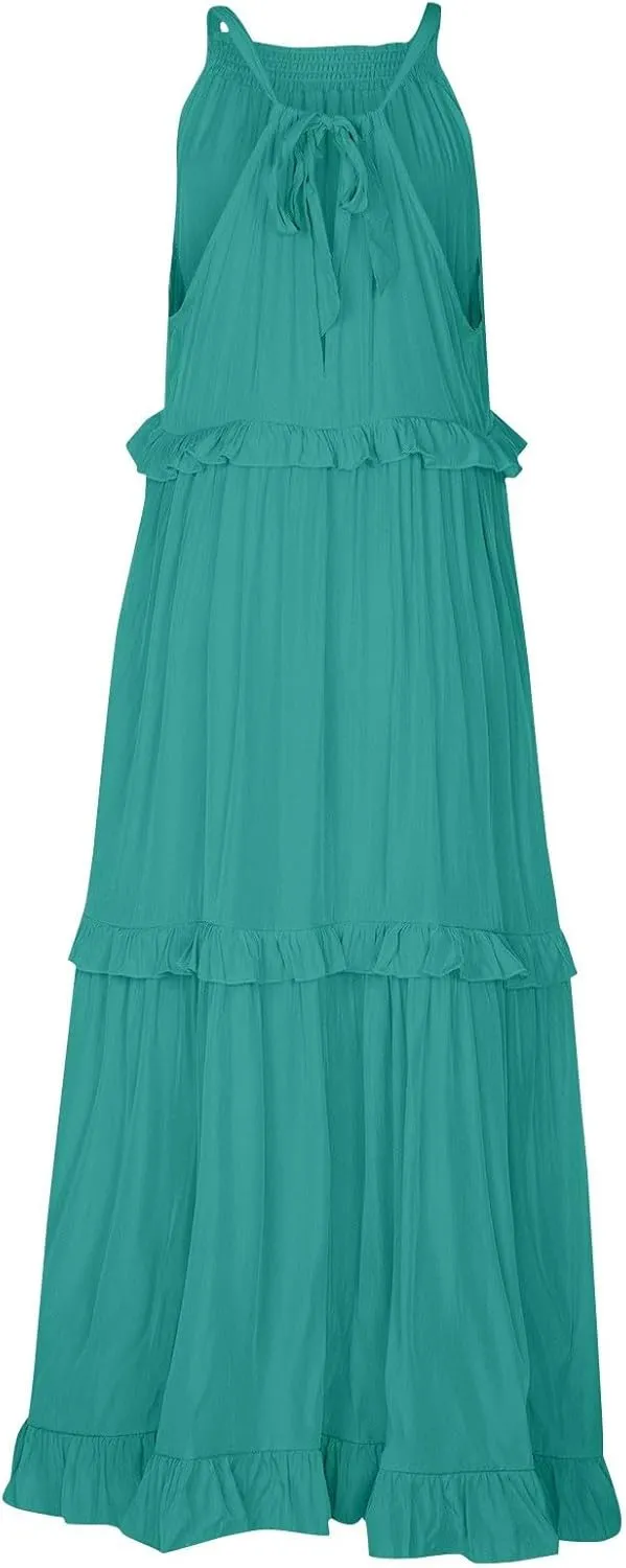 Womens Summer Sleeveless Dress Halter Tie Back Loose Flowy Ruffle Tiered Maxi Dress Beach Swing Long Dresses Sundress
