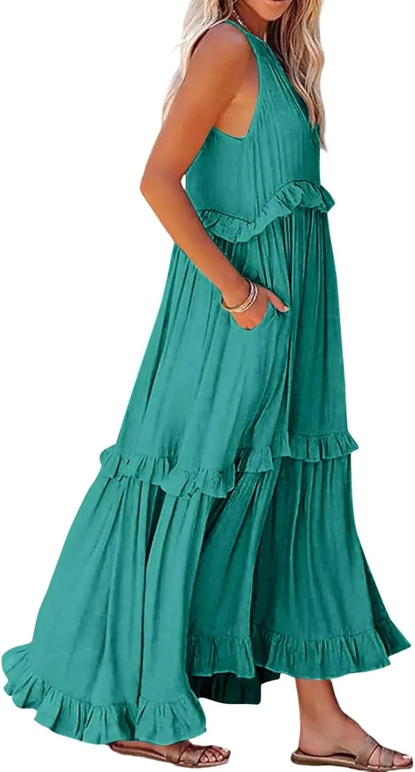 Womens Summer Sleeveless Dress Halter Tie Back Loose Flowy Ruffle Tiered Maxi Dress Beach Swing Long Dresses Sundress