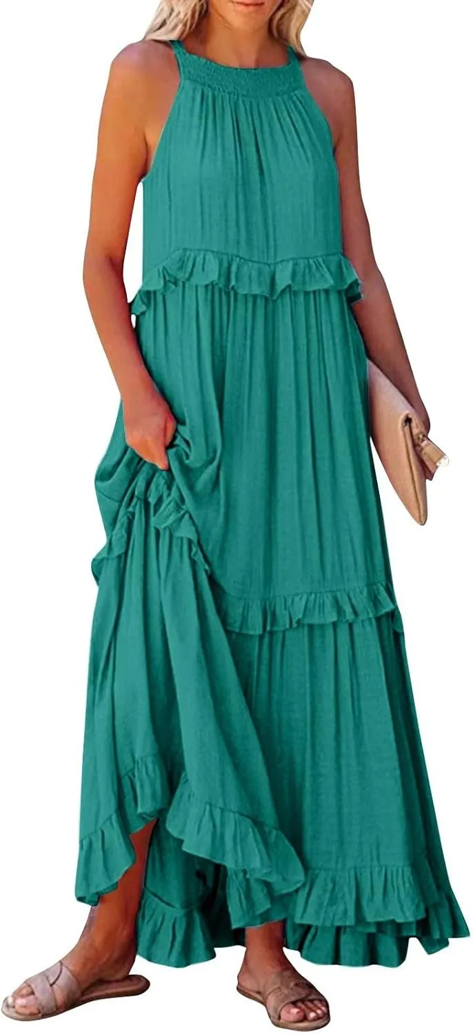 Womens Summer Sleeveless Dress Halter Tie Back Loose Flowy Ruffle Tiered Maxi Dress Beach Swing Long Dresses Sundress