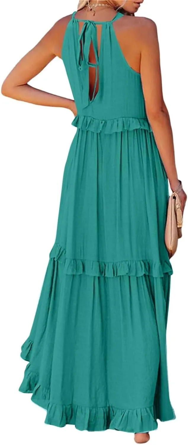 Womens Summer Sleeveless Dress Halter Tie Back Loose Flowy Ruffle Tiered Maxi Dress Beach Swing Long Dresses Sundress