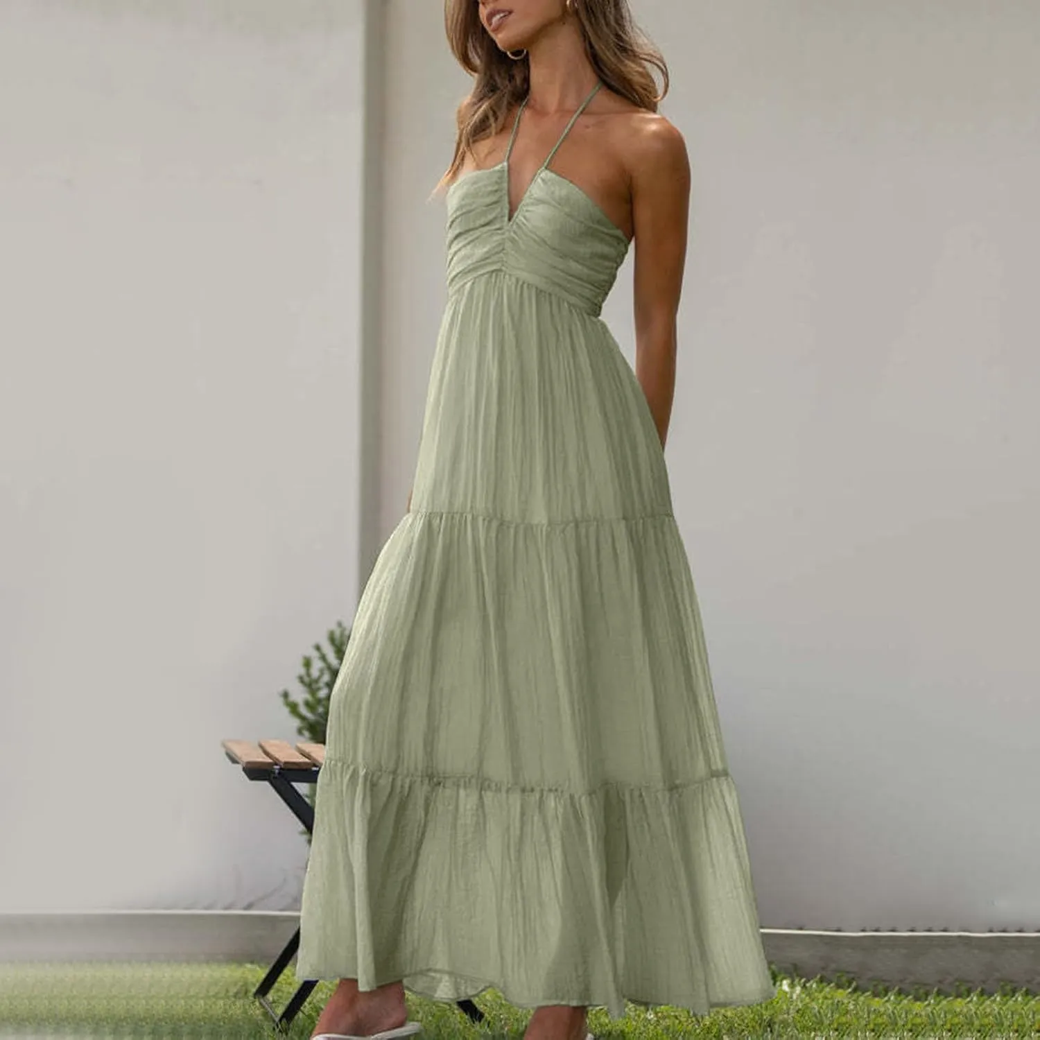 Women's Summer Sleeveless Halter Neck Boho Long Dress Backless Ruffle Hem Tiered Flowy Maxi Sundress Beach Vacation