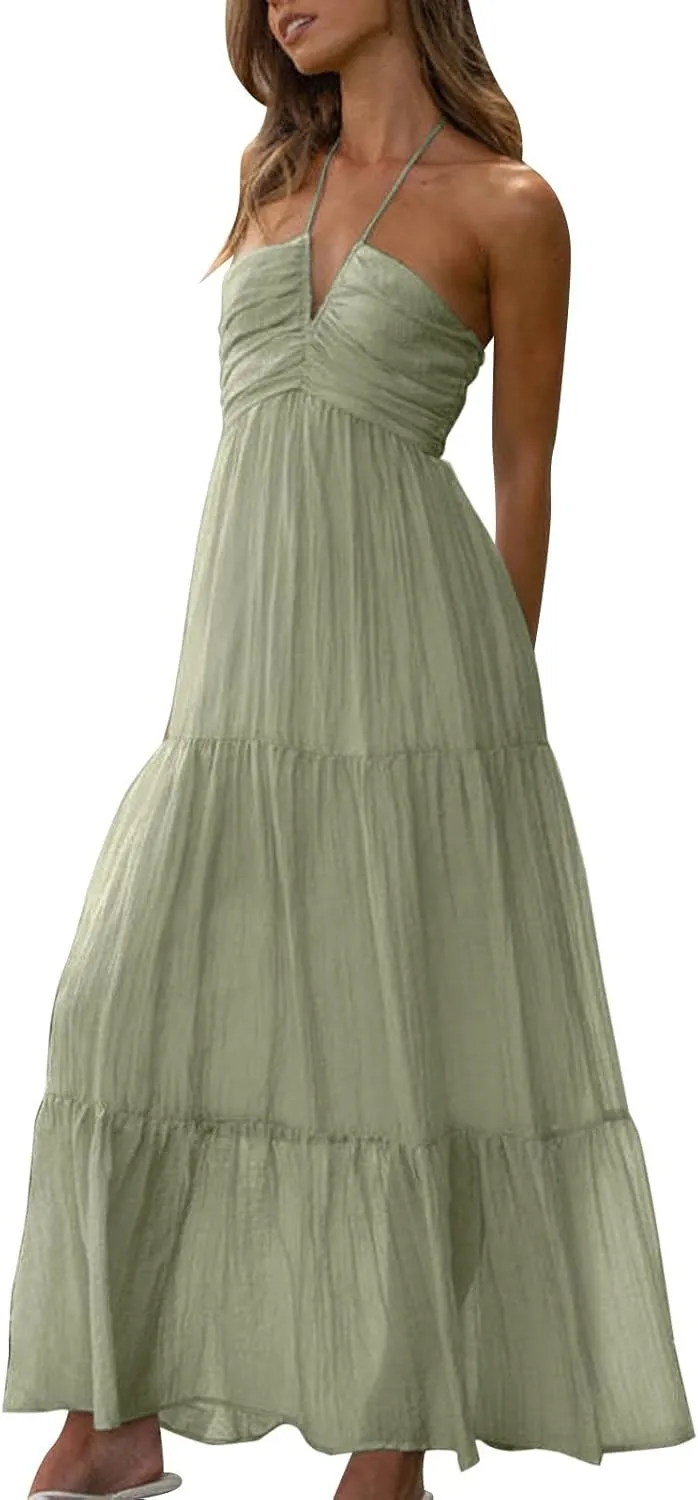 Women's Summer Sleeveless Halter Neck Boho Long Dress Backless Ruffle Hem Tiered Flowy Maxi Sundress Beach Vacation