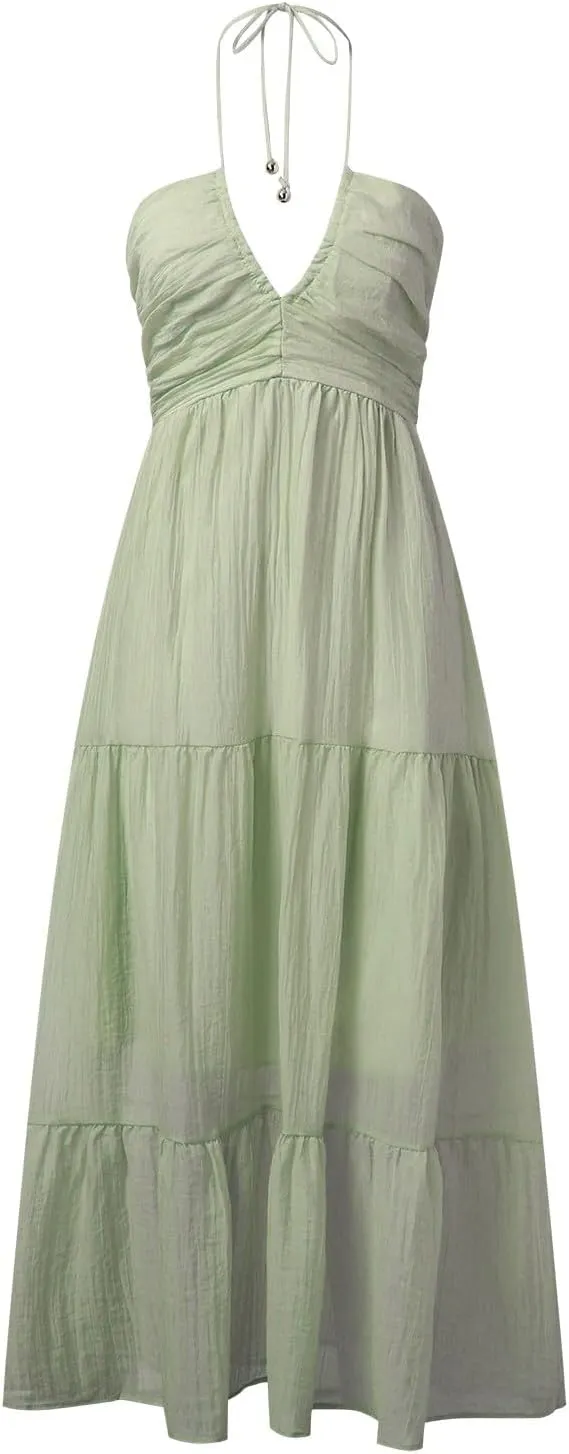 Women's Summer Sleeveless Halter Neck Boho Long Dress Backless Ruffle Hem Tiered Flowy Maxi Sundress Beach Vacation