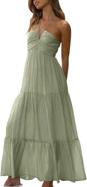 Women's Summer Sleeveless Halter Neck Boho Long Dress Backless Ruffle Hem Tiered Flowy Maxi Sundress Beach Vacation