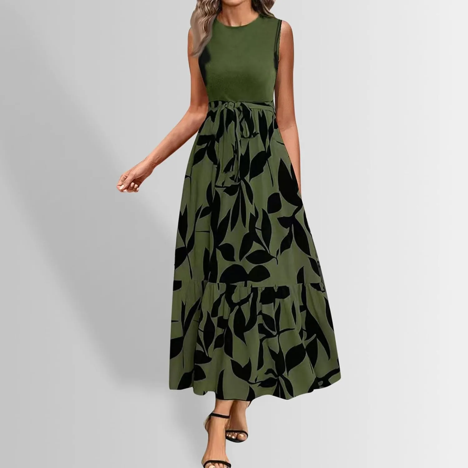 Women's Summer Sleeveless Maxi Dress 2025 Casual Crewneck Pleated Flowy Long Dress High Waisted Belted Ruffle Sundress