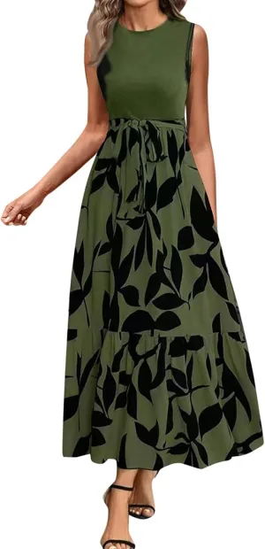 Women's Summer Sleeveless Maxi Dress 2025 Casual Crewneck Pleated Flowy Long Dress High Waisted Belted Ruffle Sundress