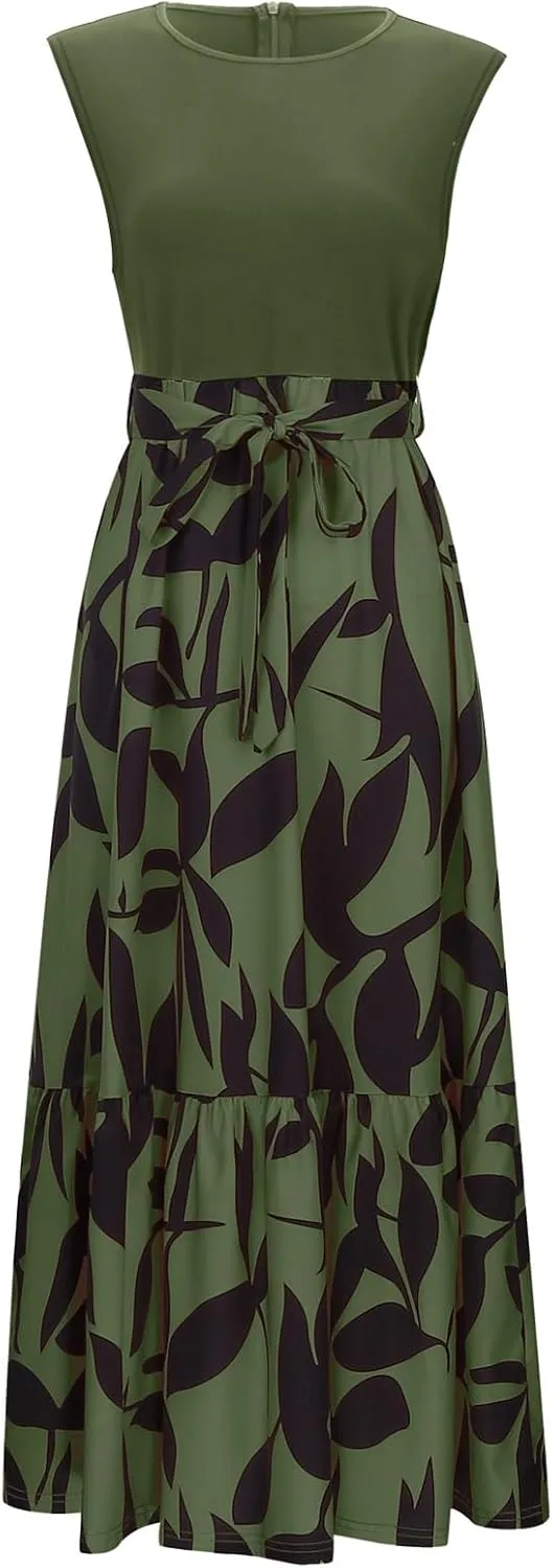 Women's Summer Sleeveless Maxi Dress 2025 Casual Crewneck Pleated Flowy Long Dress High Waisted Belted Ruffle Sundress