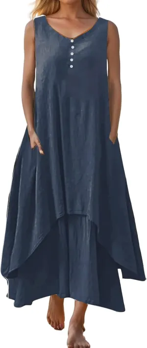 Womens Summer Sleeveless Maxi Dress Cotton Linen Buttons Long Dresses Loose Elegant Flowy Comfy Dresses with Pockets