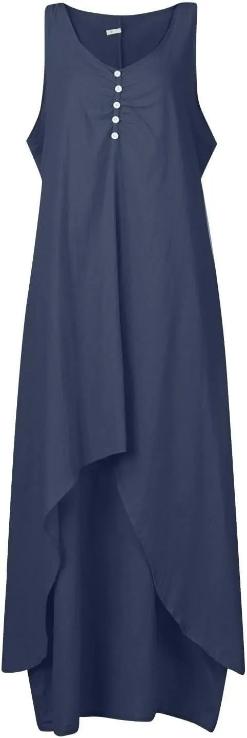 Womens Summer Sleeveless Maxi Dress Cotton Linen Buttons Long Dresses Loose Elegant Flowy Comfy Dresses with Pockets