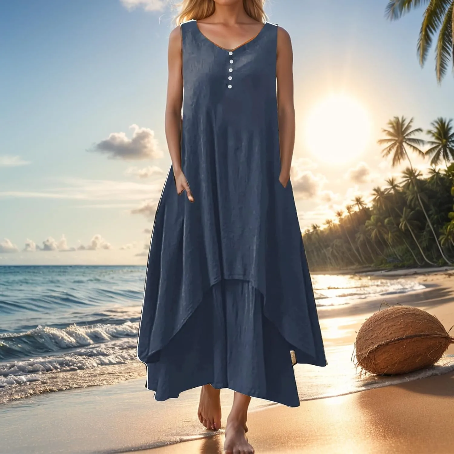 Womens Summer Sleeveless Maxi Dress Cotton Linen Buttons Long Dresses Loose Elegant Flowy Comfy Dresses with Pockets