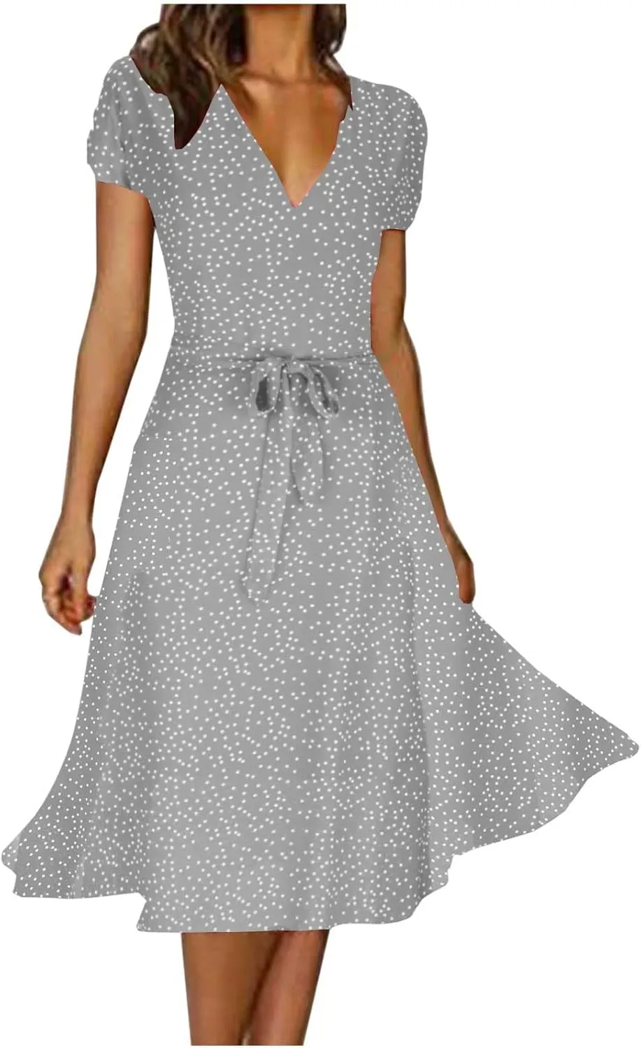 Women's Summer Wrap Dress V-Neck Lace Up Waist Beach Dresses Polka Dot Print Casual Short Sleeve Midi Dress