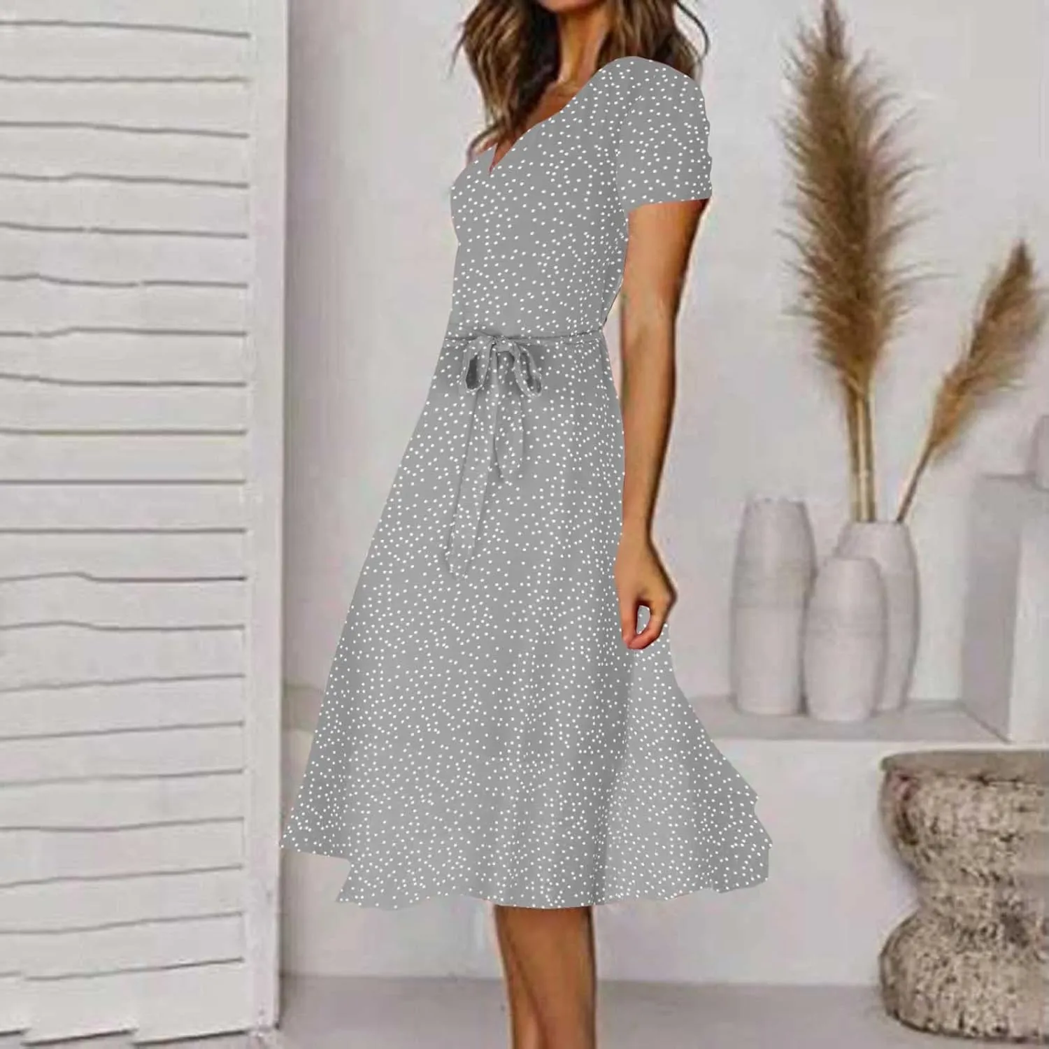 Women's Summer Wrap Dress V-Neck Lace Up Waist Beach Dresses Polka Dot Print Casual Short Sleeve Midi Dress