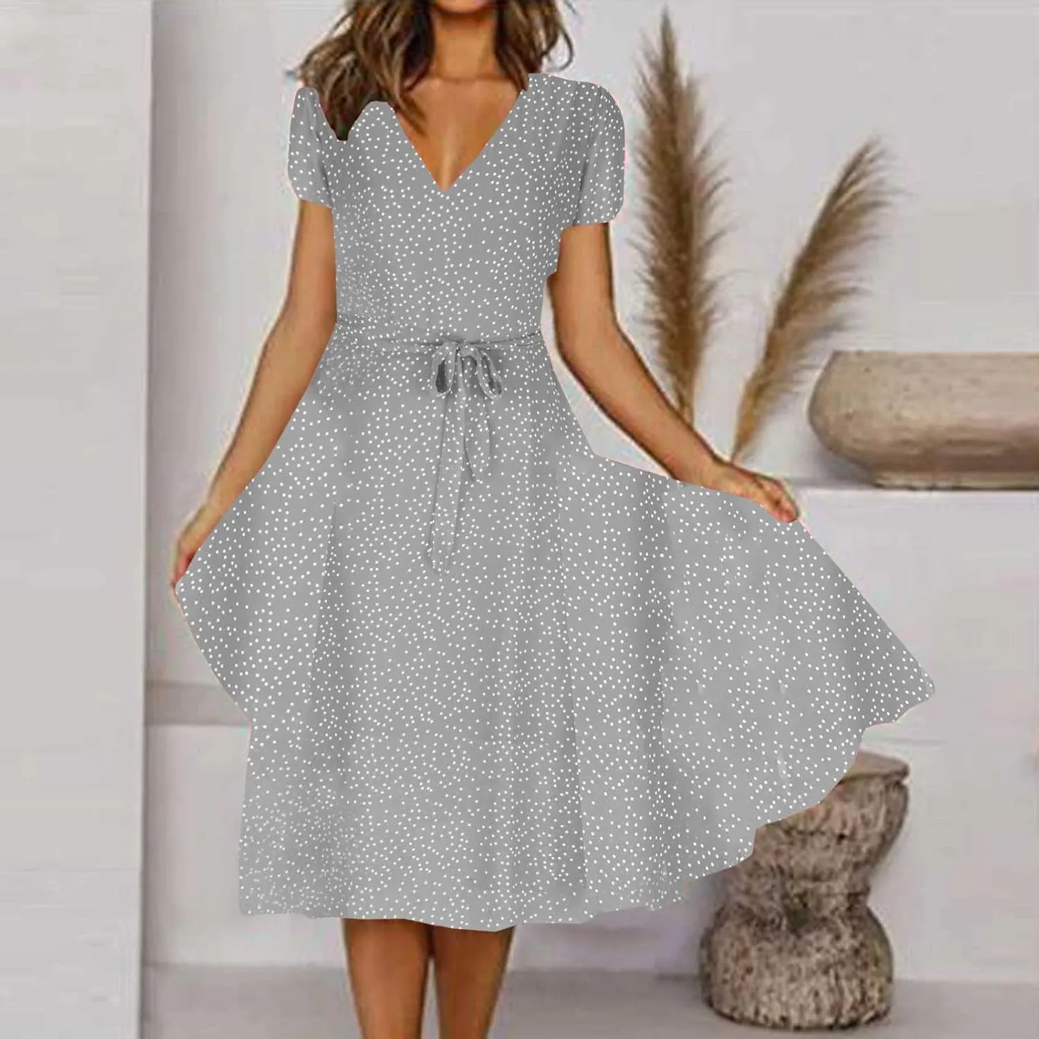 Women's Summer Wrap Dress V-Neck Lace Up Waist Beach Dresses Polka Dot Print Casual Short Sleeve Midi Dress