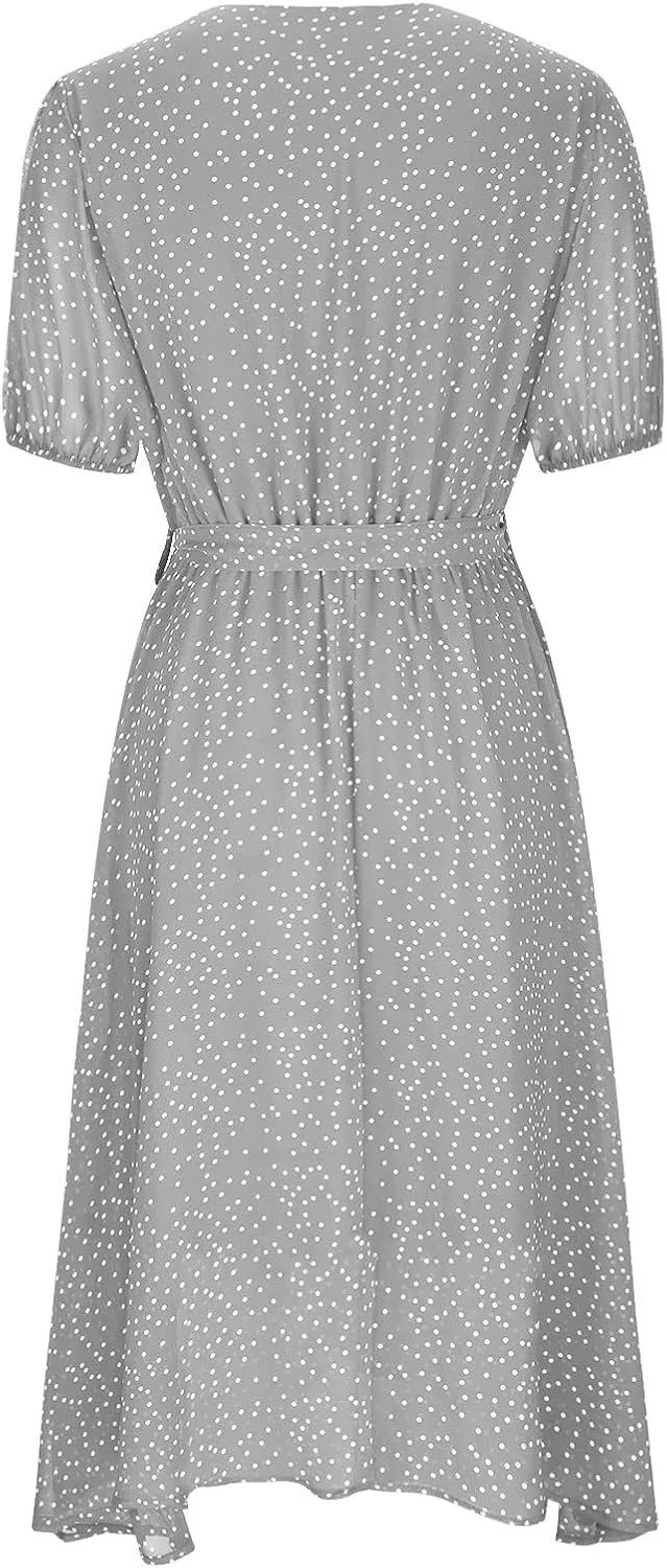 Women's Summer Wrap Dress V-Neck Lace Up Waist Beach Dresses Polka Dot Print Casual Short Sleeve Midi Dress