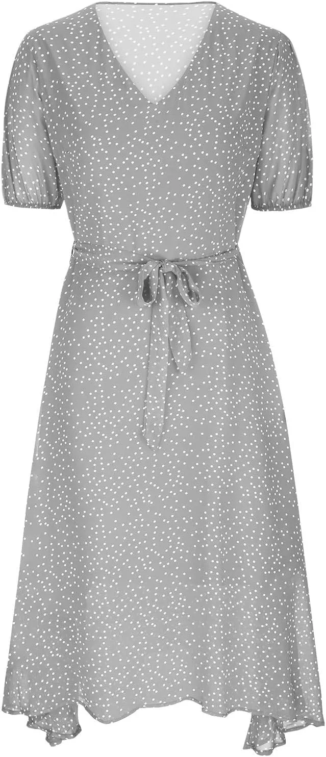 Women's Summer Wrap Dress V-Neck Lace Up Waist Beach Dresses Polka Dot Print Casual Short Sleeve Midi Dress