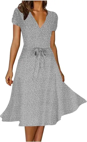 Women's Summer Wrap Dress V-Neck Lace Up Waist Beach Dresses Polka Dot Print Casual Short Sleeve Midi Dress