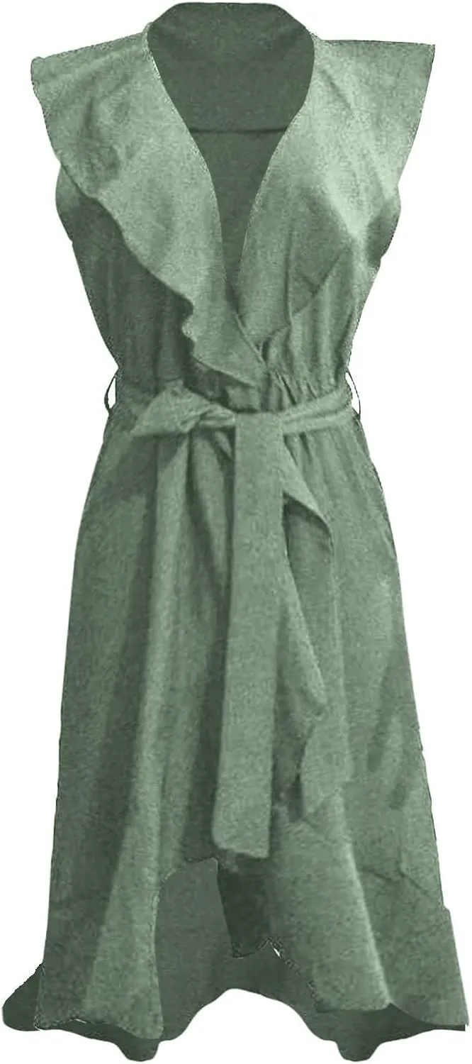 Womens Summer Wrap V Neck Split Party Dress Ruffle Short Sleeve Midi Dress with Belt