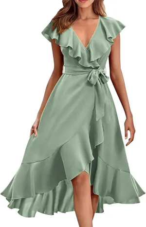 Womens Summer Wrap V Neck Split Party Dress Ruffle Short Sleeve Midi Dress with Belt