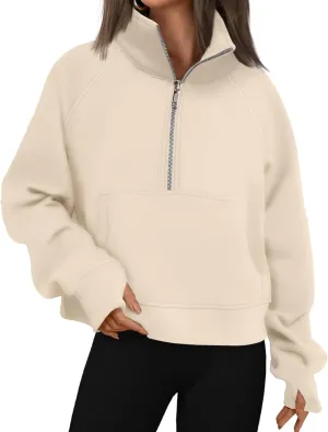 Womens Sweatshirt Half Zip Pullover Fleece Hoodie Quarter Zipper Cropped Sweatshirt Fall Outfits Clothes Thumb Hole