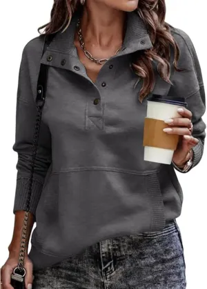 Womens Sweatshirt Henley Button V Neck Sweatshirt Casual Long Sleeve Loose Lightweight Tops 2025 Pullover Tunic Tops