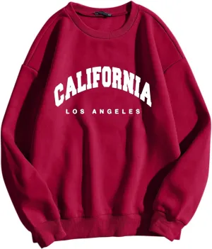 Womens Sweatshirts No Hood California Letter Print Long Sleeve Round Neck Pullover Warm Fleece Pullover Fall Winter 2023
