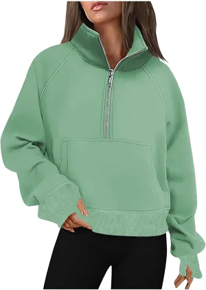 Womens Sweatshirts with Thumb Hole Half Zipper Fleece Athletic Pullovers Mock Neck Fall Winter Oversized Sweat Shirt