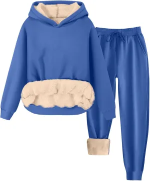 Womens Sweatsuits 2 Piece Set Winter Fleece Sherpa Lined Hoodie Sweatshirt and Long Pants Tracksuit Casual Warm Sets