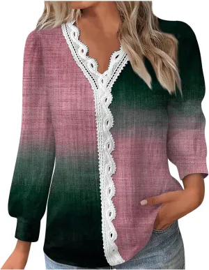Womens Tops 2023 Casual Lace Button Down Open Front Cardigan Patchwork Color Long Sleeve V Neck Sweatshirt For Women